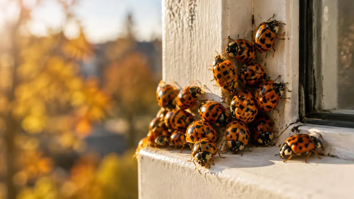 Gruppe orangefarbener Asiatischer Marienkäfer an einem sonnigen Fensterrahmen im Herbst