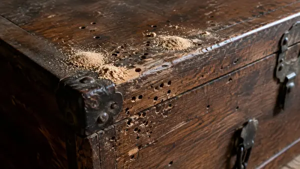 Alte Holztruhe mit kleinen runden Ausfluglöchern und Häufchen aus feinem Bohrmehl