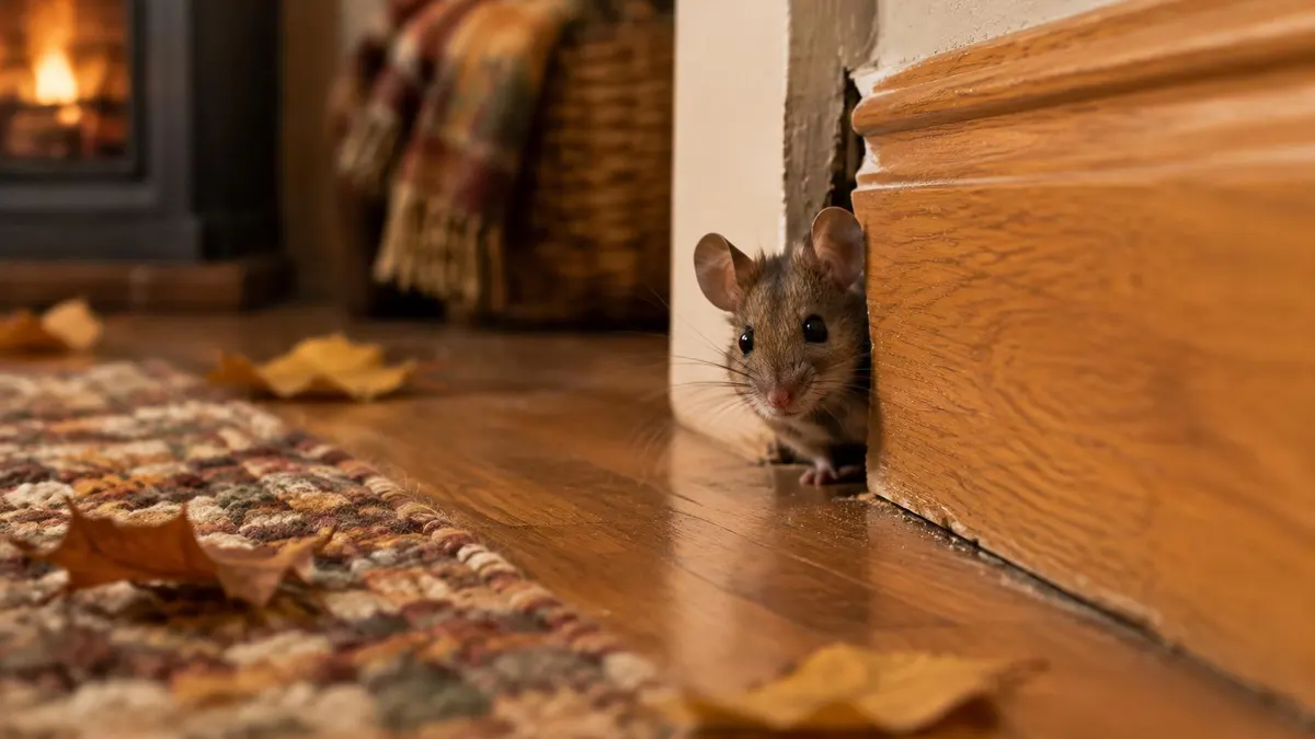 Hausmaus schaut aus einem Spalt neben einer Holzfußleiste